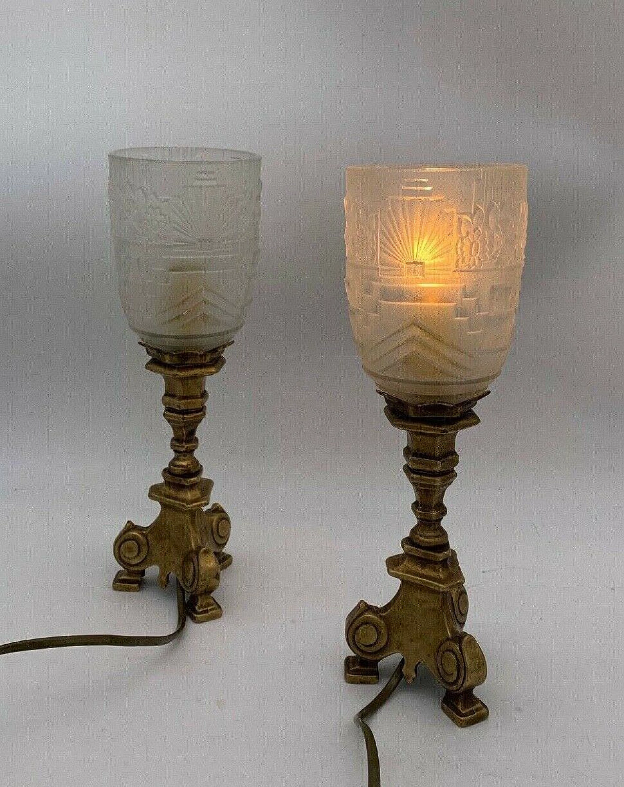 Pair of table lamps in ground glass and bronze, 40s 5