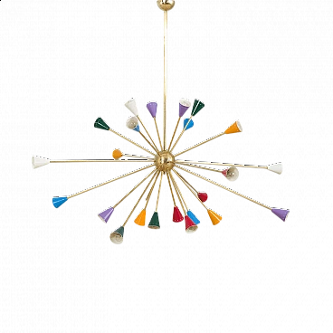 Sputnik chandelier in the style of Arteluce in polished brass and enameled aluminium, 90s