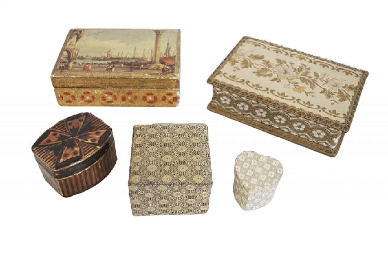 5 Venice boxes in fabric and wood, 1970s 1407185