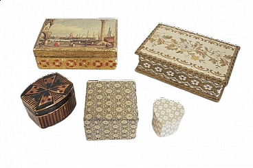5 Venice boxes in fabric and wood, 1970s