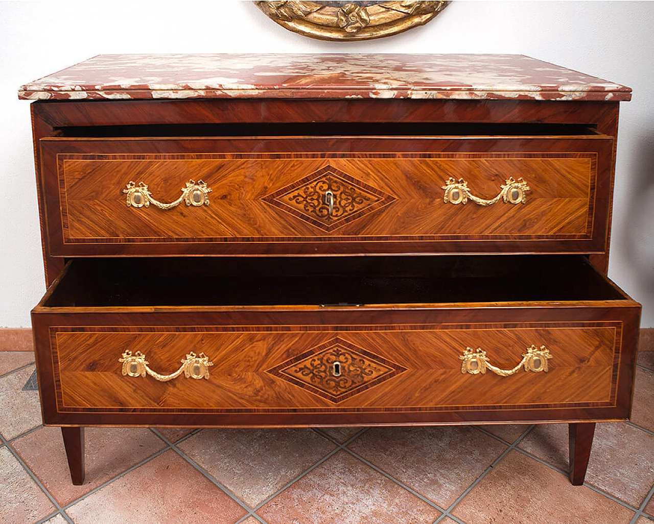 Louis XVI wooden chest of drawers with marble top, 18th century 4