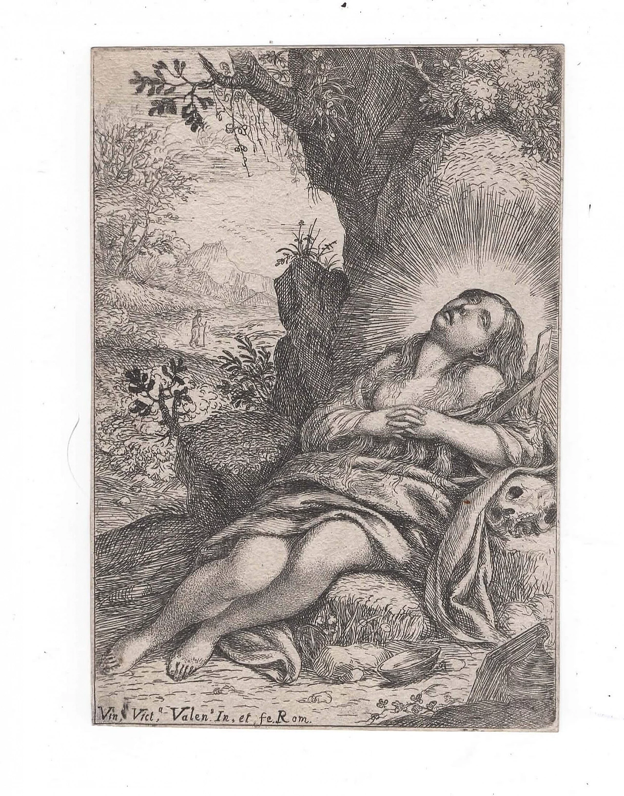 Etching The Ecstasy of Saint Magdalene by Vicente Victoria, 17th century 1
