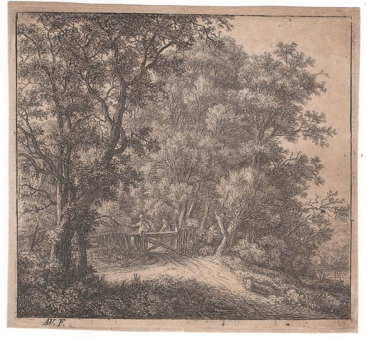 Etching Two men and the landscape by Anthonie Waterloo, 17th century 1