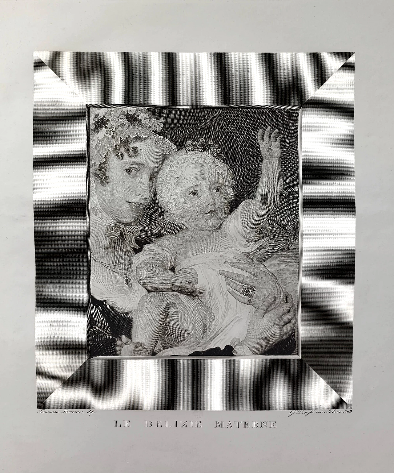 Etching and burin The maternal delights, Portrait of Lady Burghers with her son by Giuseppe Longhi, 1823 1