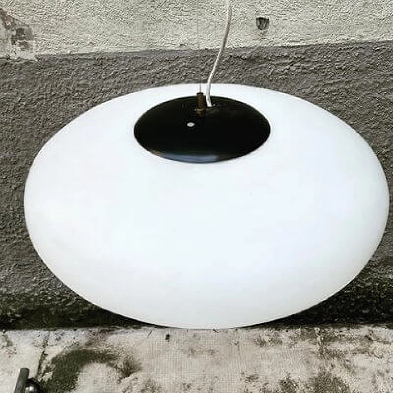 White glass, brass and black metal lamp, 1950s 3