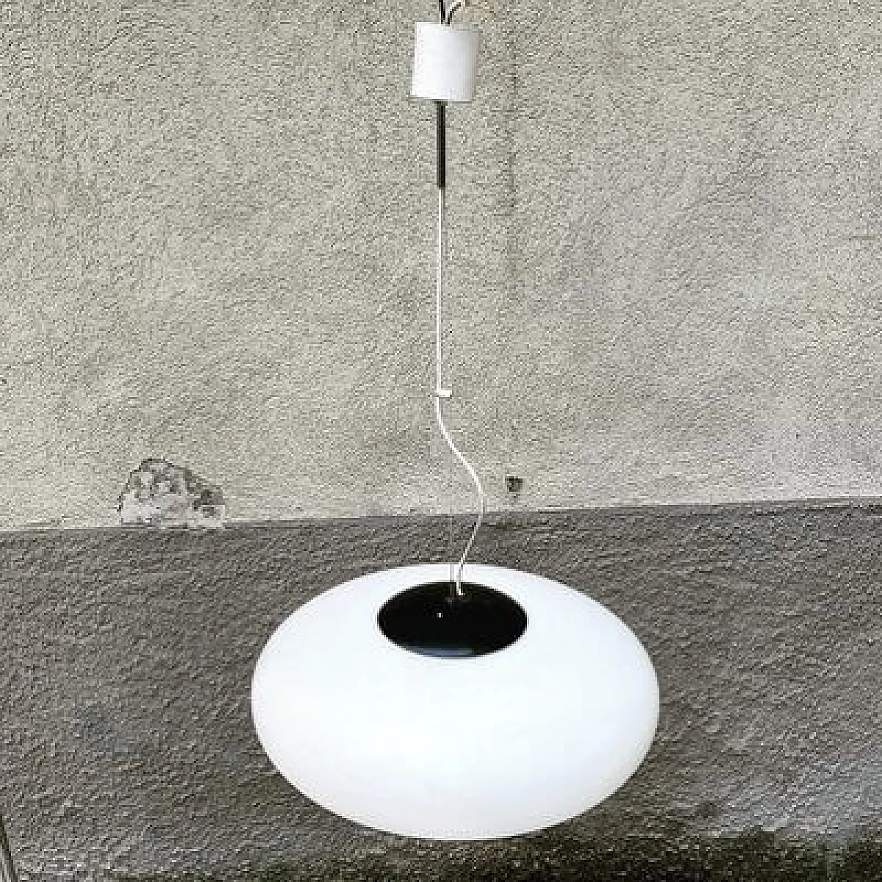 White glass, brass and black metal lamp, 1950s 5