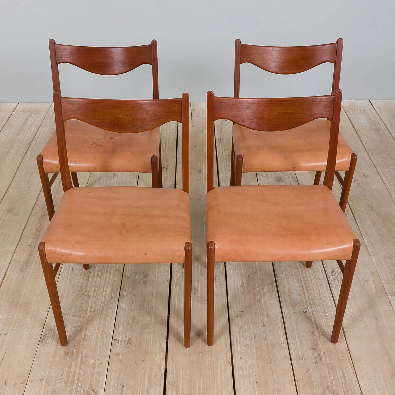 4 GS60 chairs in teak and leather by Arne Wahl Iversen for Glyngøre Stolefabrik, 60s 1