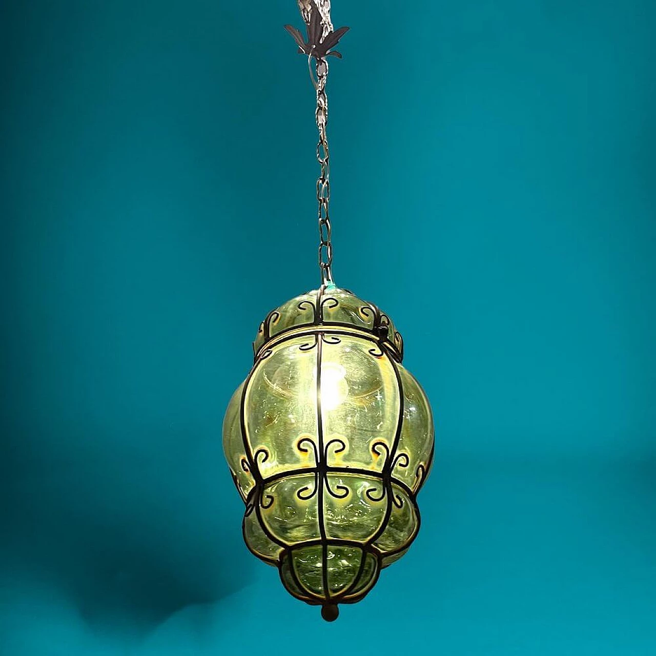 Green wrought iron chandelier, 1930s 6