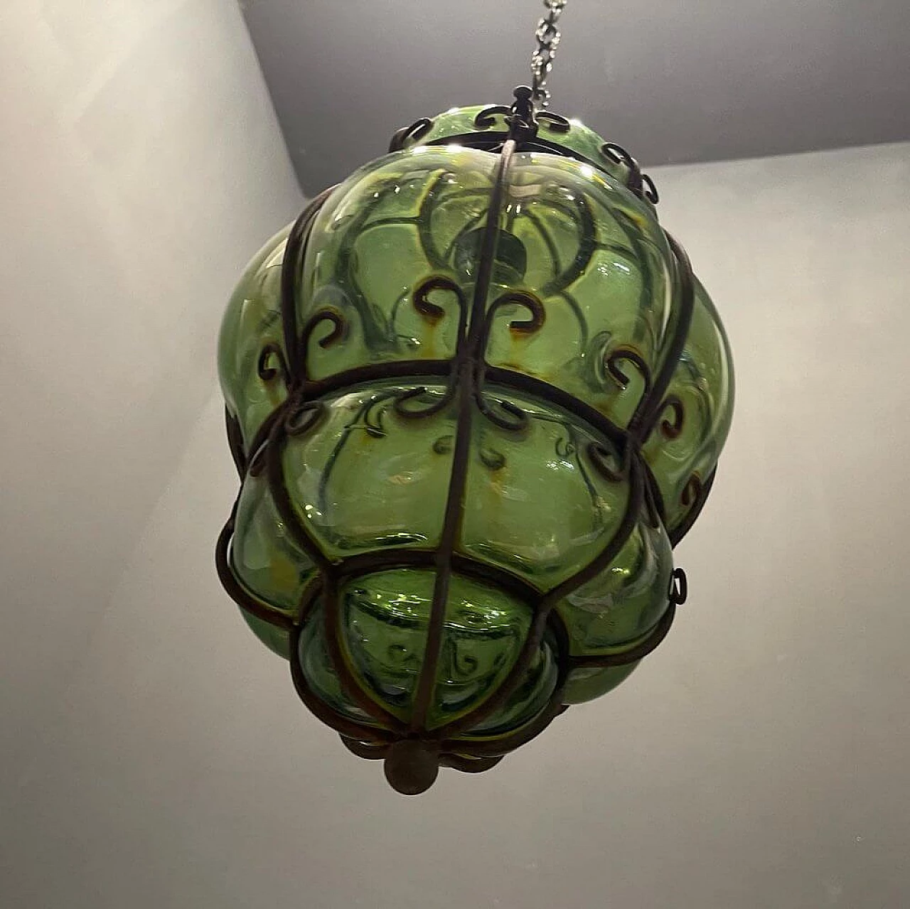 Green wrought iron chandelier, 1930s 8