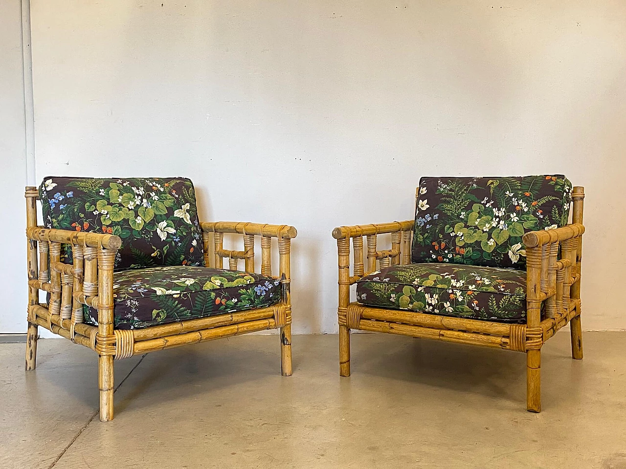 Pair of wicker and bamboo armchairs, 1970s 1