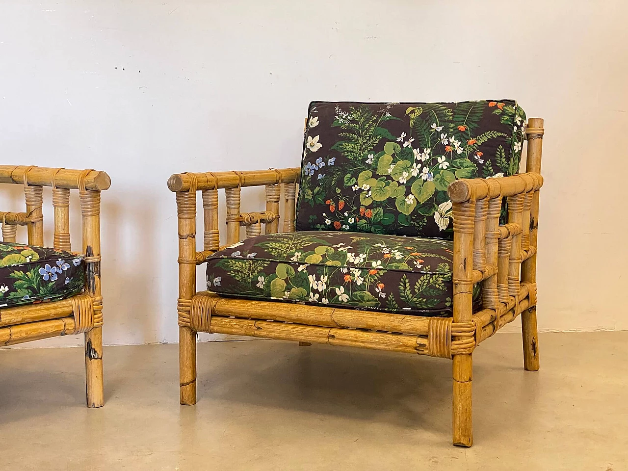 Pair of wicker and bamboo armchairs, 1970s 2