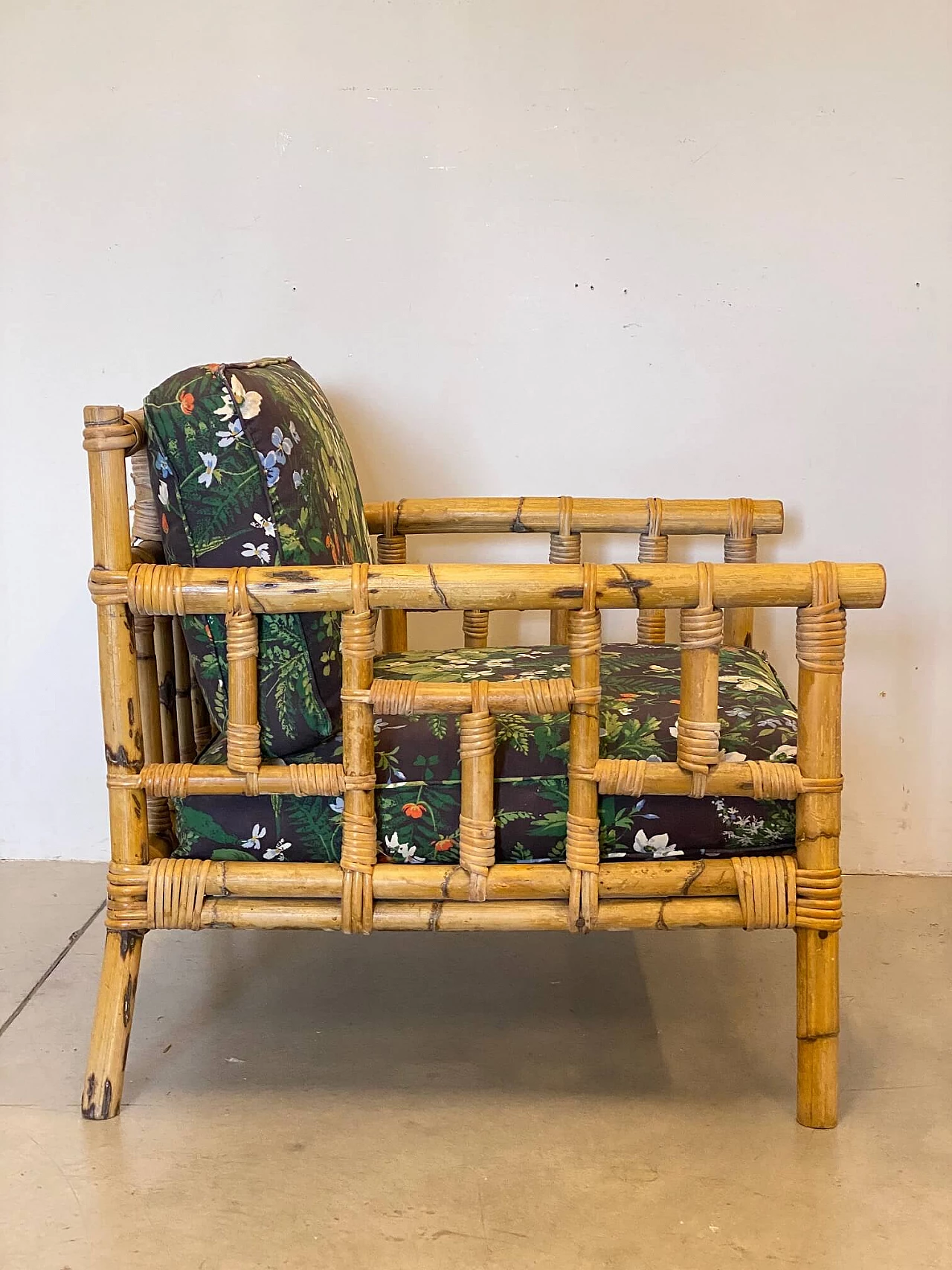 Pair of wicker and bamboo armchairs, 1970s 5