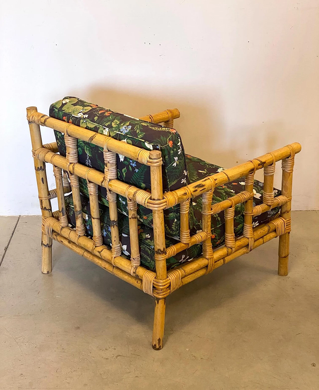 Pair of wicker and bamboo armchairs, 1970s 8