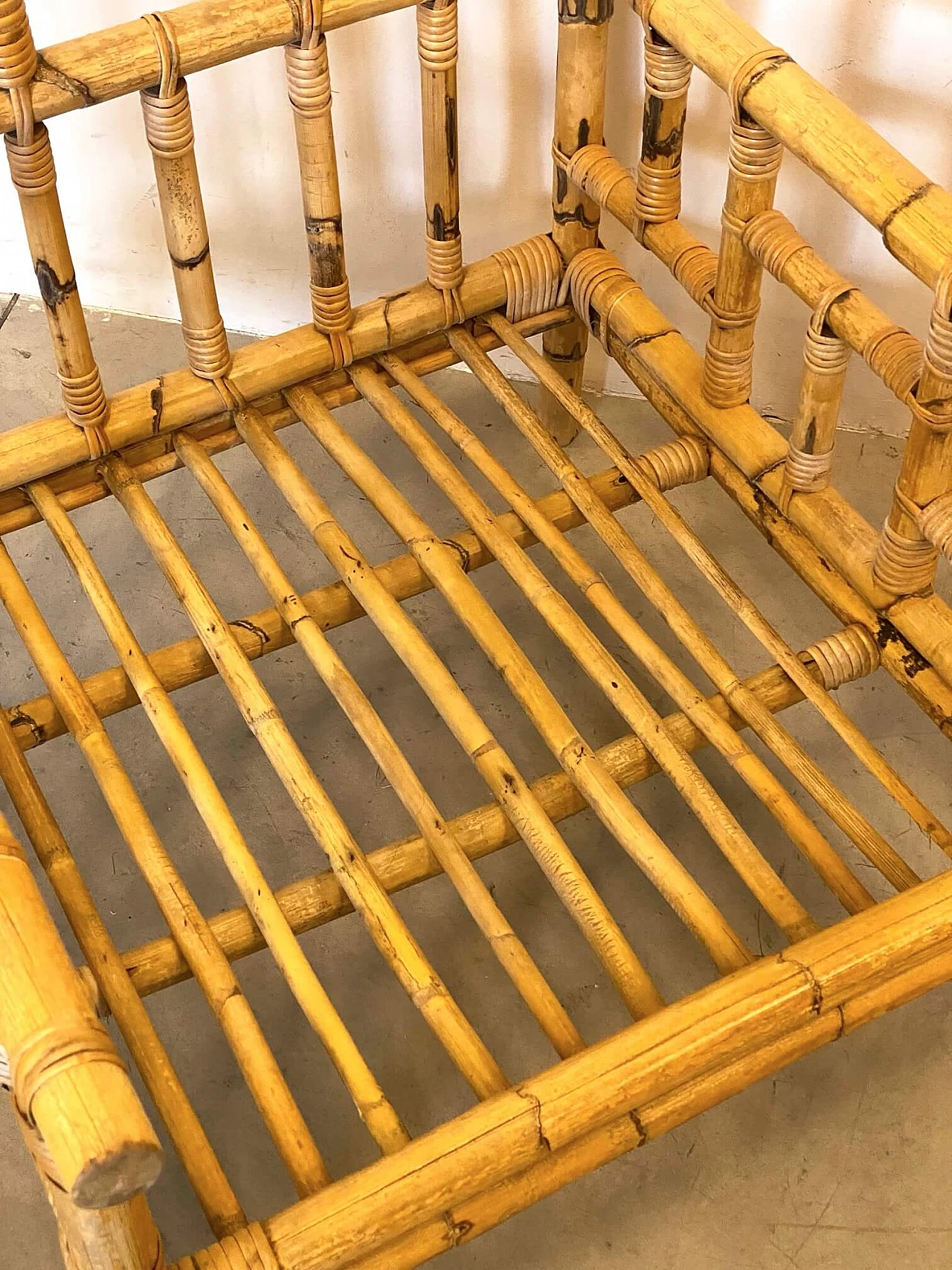 Pair of wicker and bamboo armchairs, 1970s 10