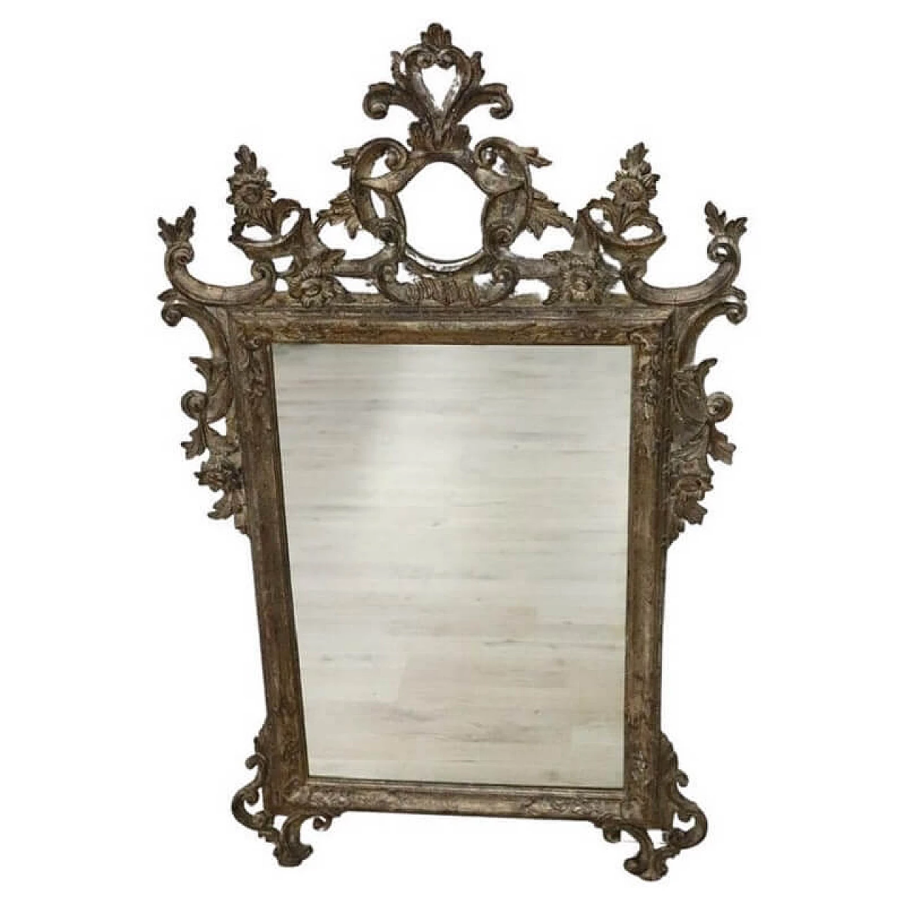 Specchiera in stile Luigi XV legno decorato in foglia argento, '900 1