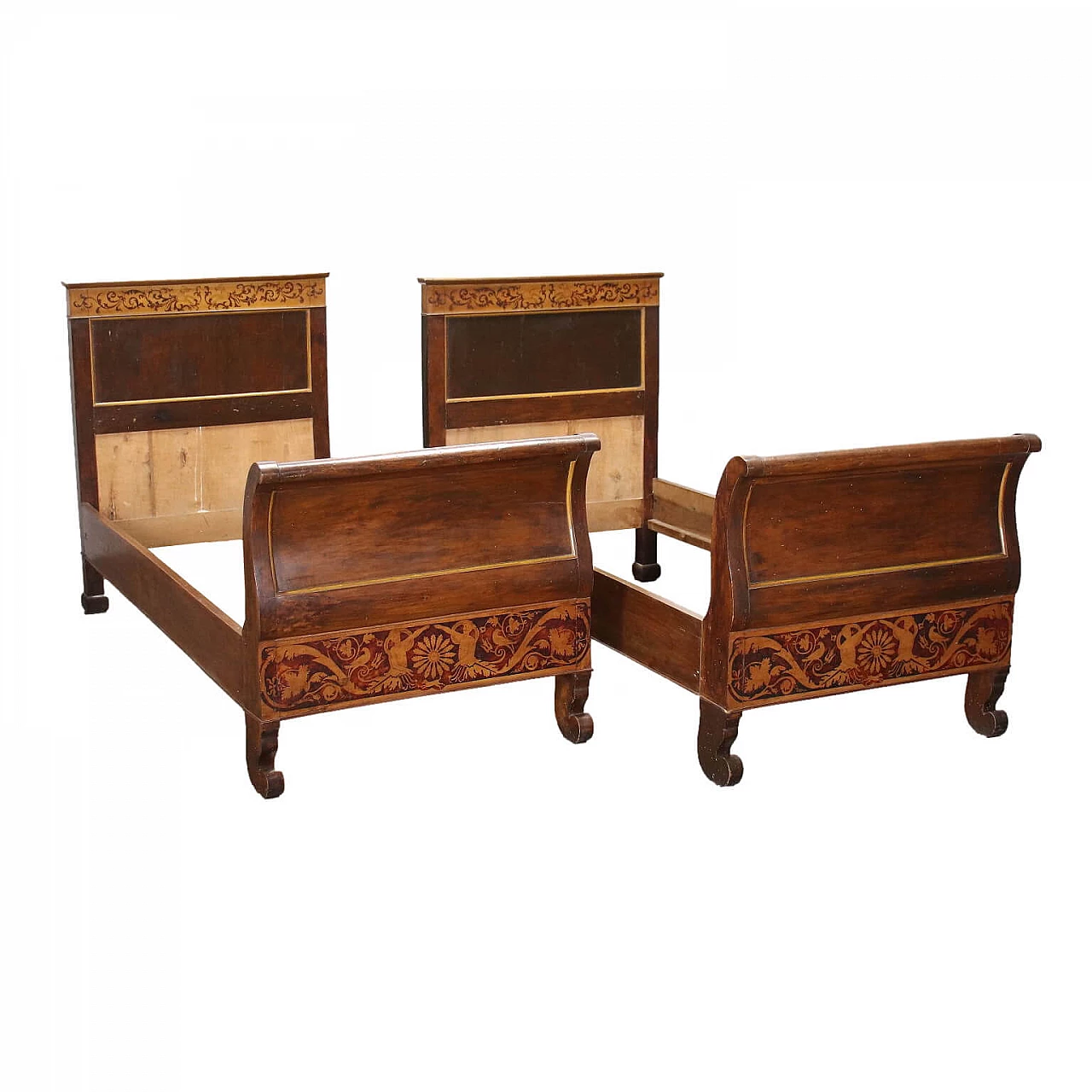 Pair of Charles X beds in pear and maple wood, 19th century 1