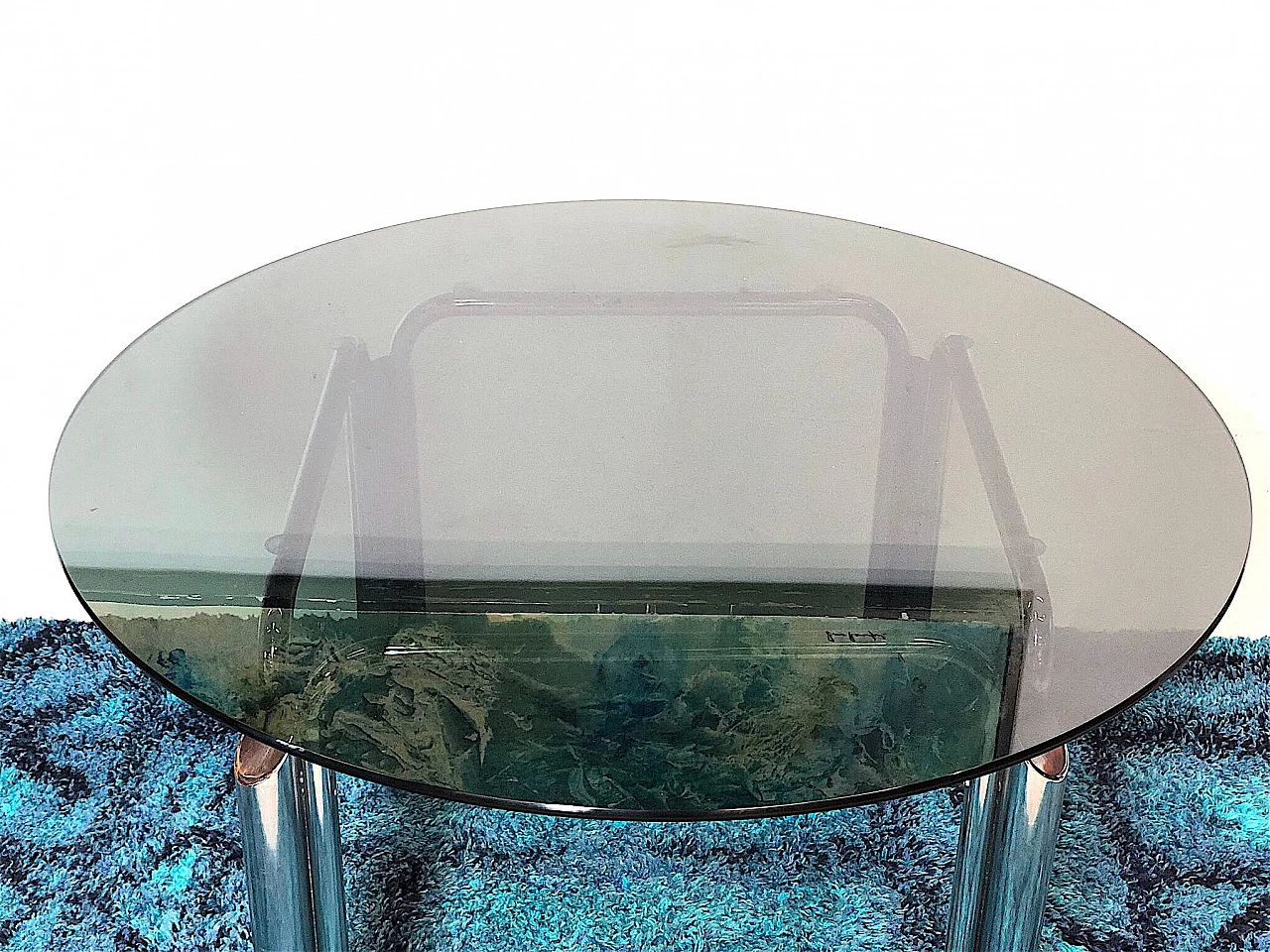 Tavolo in metallo cromato con piano in vetro fumè, anni '70 5