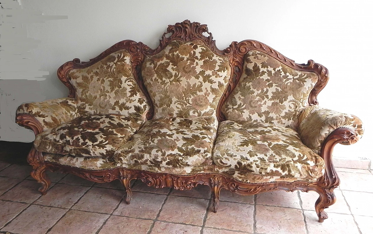 Baroque-style sofa in wood and Sanderson fabric, 1970s 1