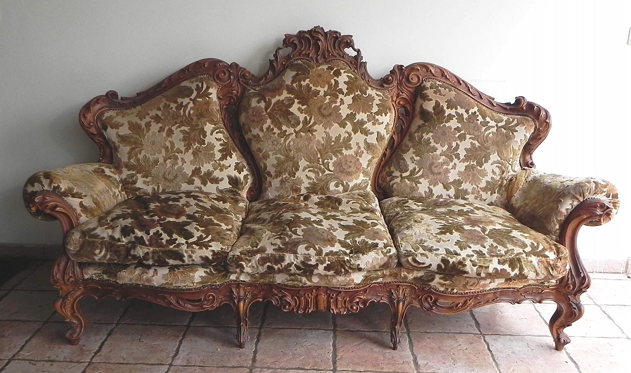 Baroque-style sofa in wood and Sanderson fabric, 1970s 2