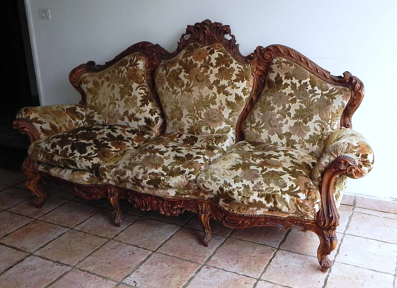 Baroque-style sofa in wood and Sanderson fabric, 1970s 3