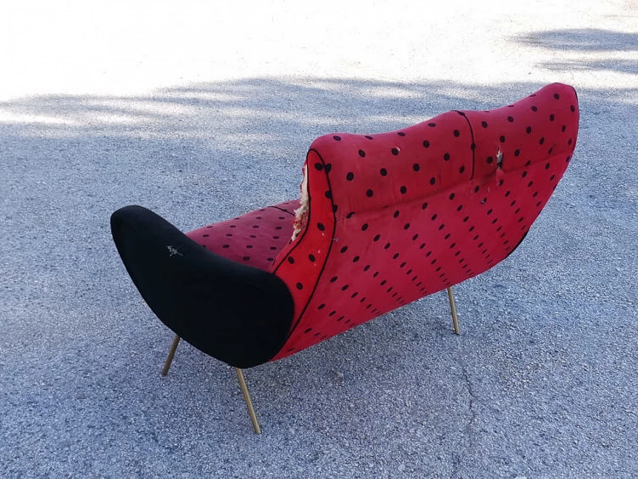 Two seater sofa in red velvet and black polka dots, 1950s 1