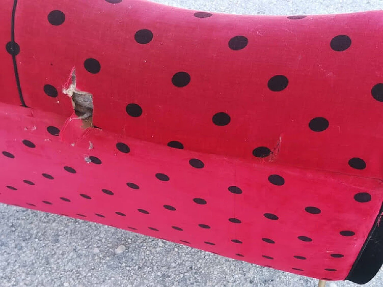 Two seater sofa in red velvet and black polka dots, 1950s 4