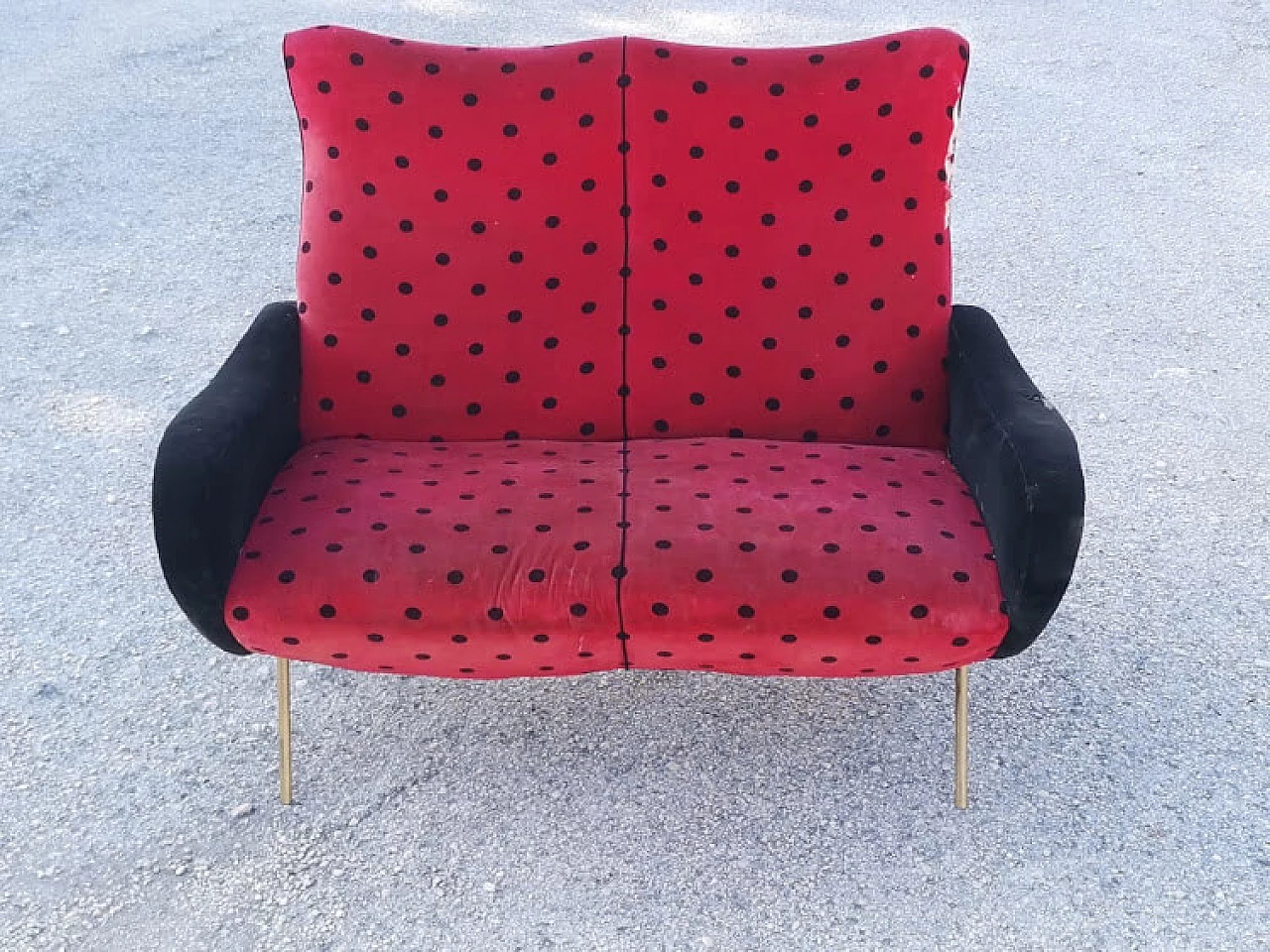 Two seater sofa in red velvet and black polka dots, 1950s 7