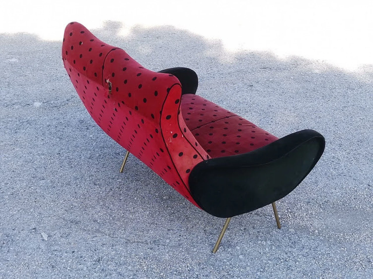 Two seater sofa in red velvet and black polka dots, 1950s 8