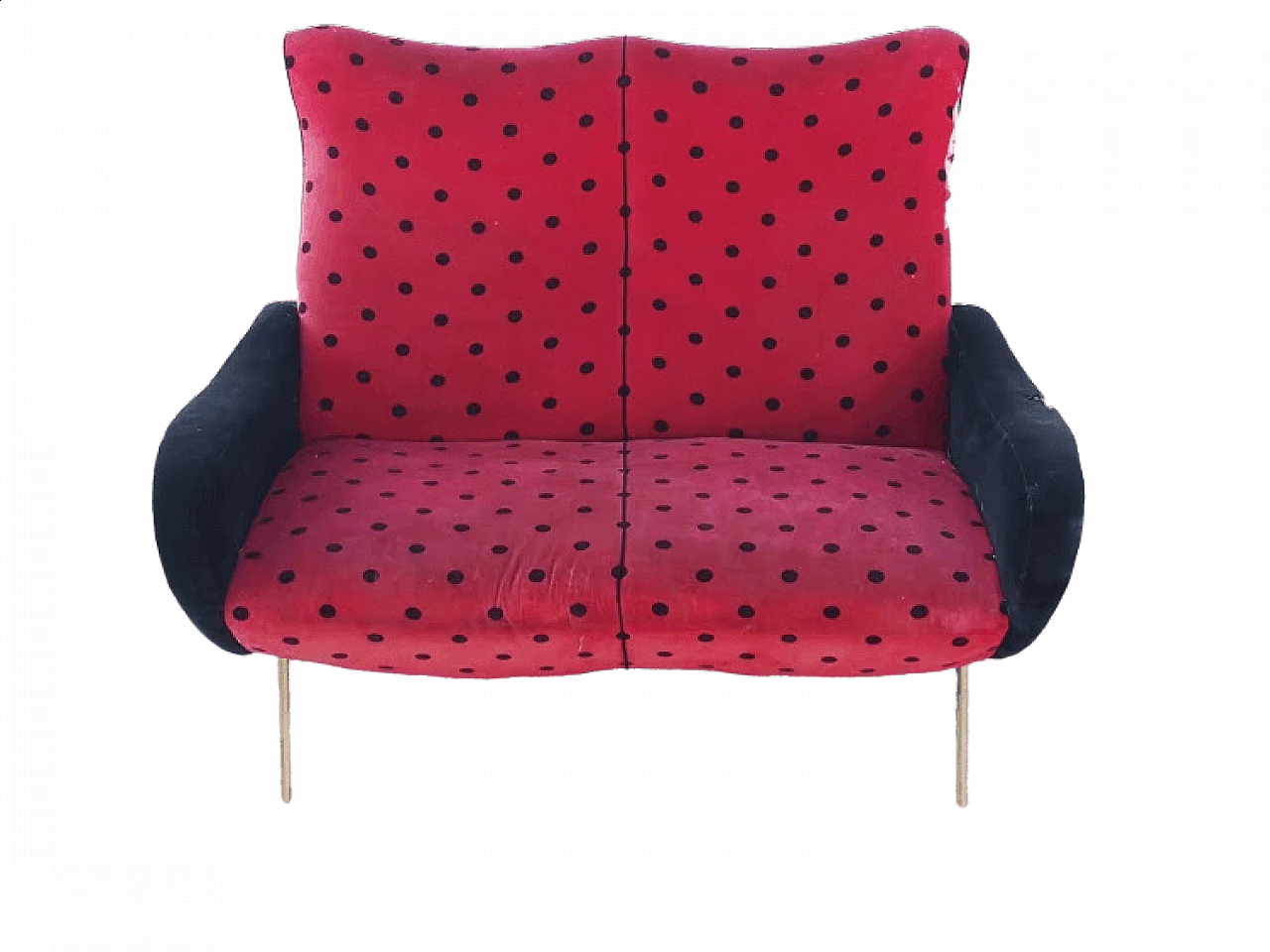 Two seater sofa in red velvet and black polka dots, 1950s 9