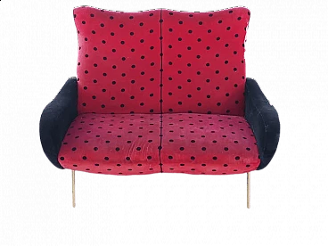 Two seater sofa in red velvet and black polka dots, 1950s