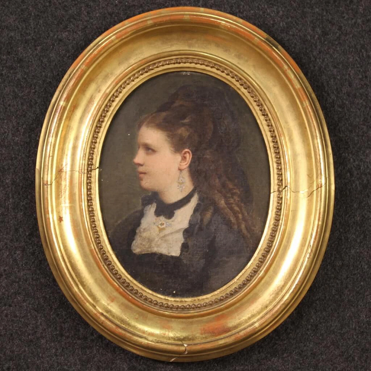 Oil on canvas of young woman with wooden frame, 19th century 1