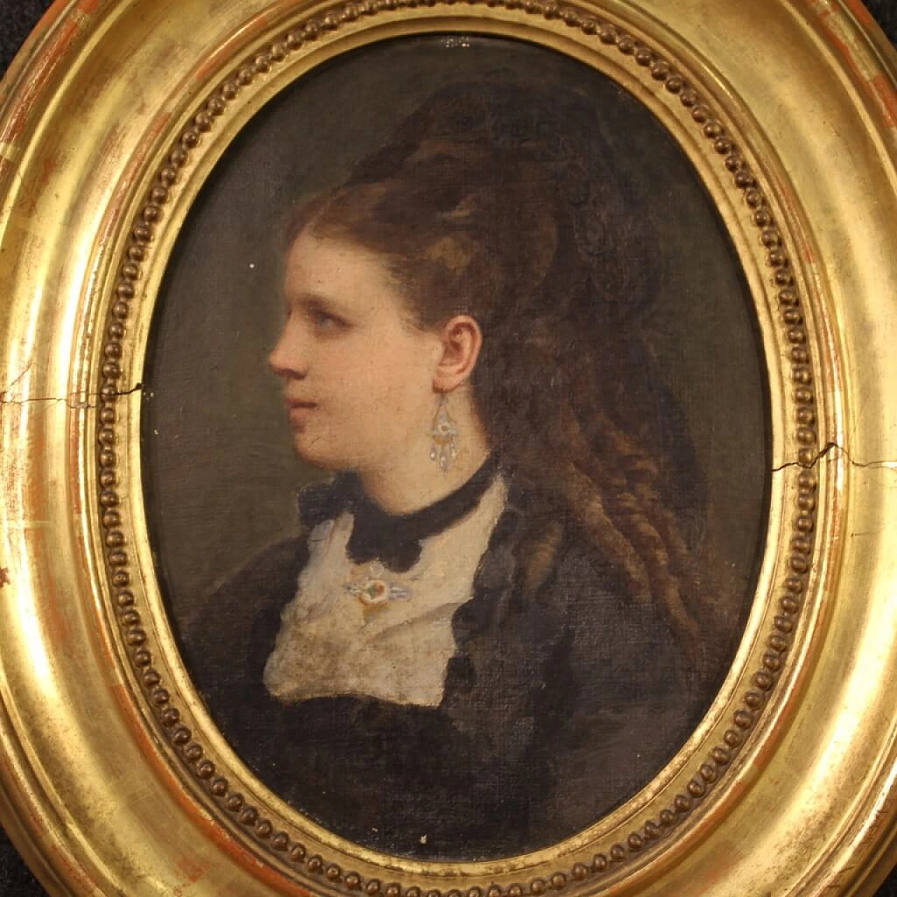 Oil on canvas of young woman with wooden frame, 19th century 2
