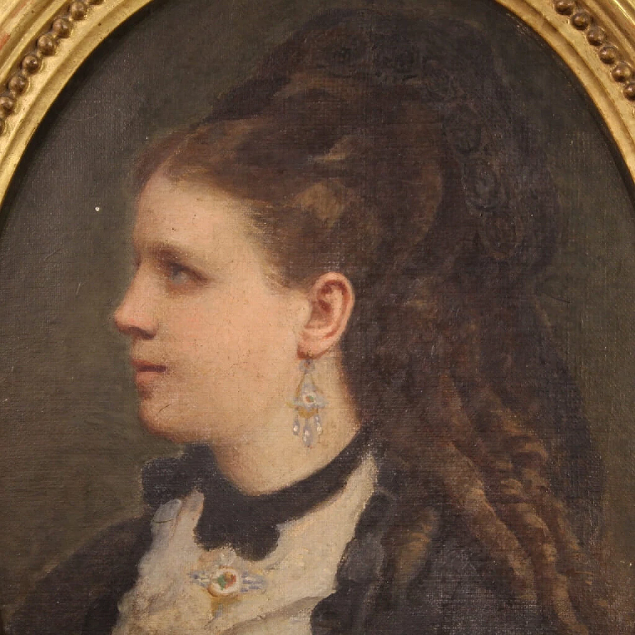 Oil on canvas of young woman with wooden frame, 19th century 3