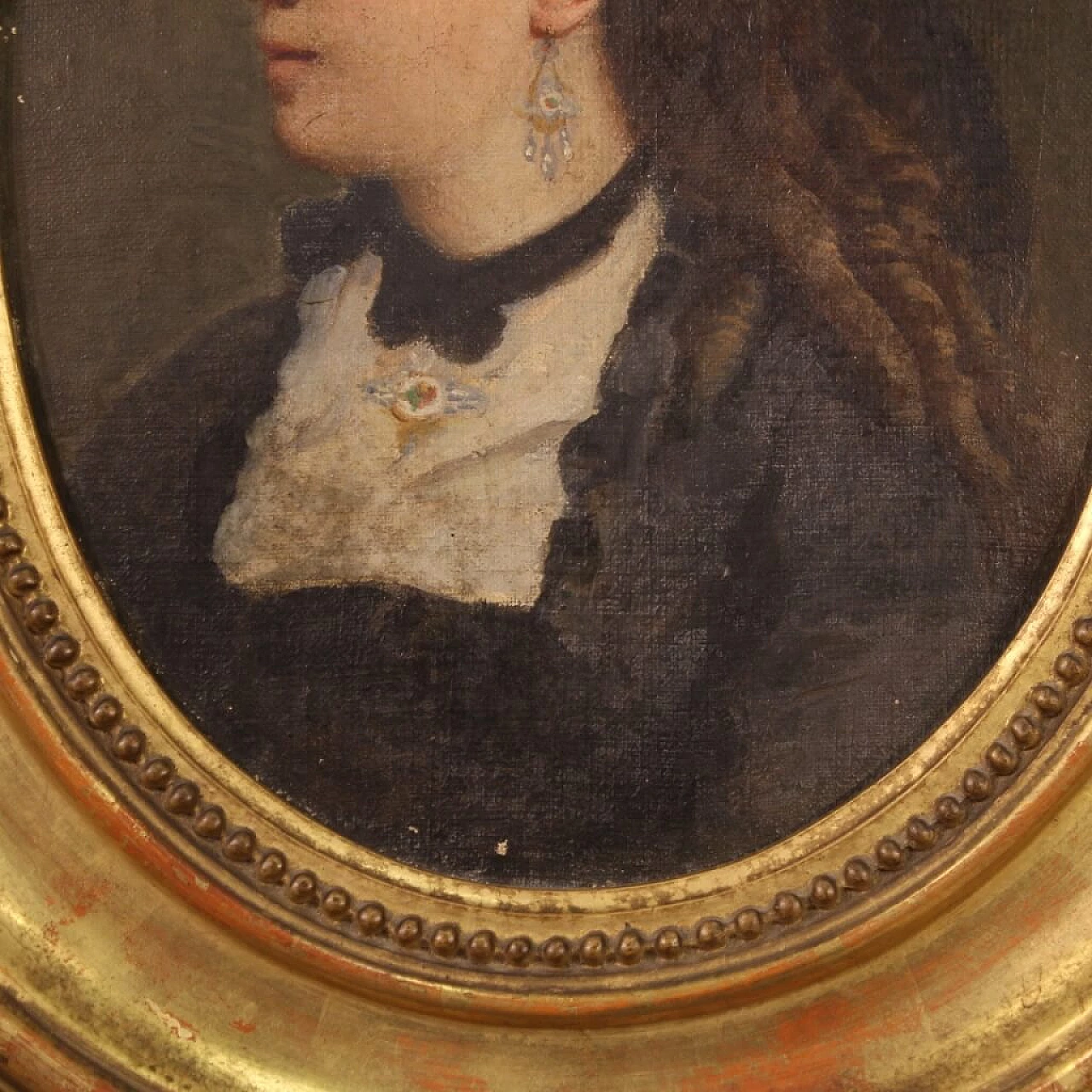 Oil on canvas of young woman with wooden frame, 19th century 4