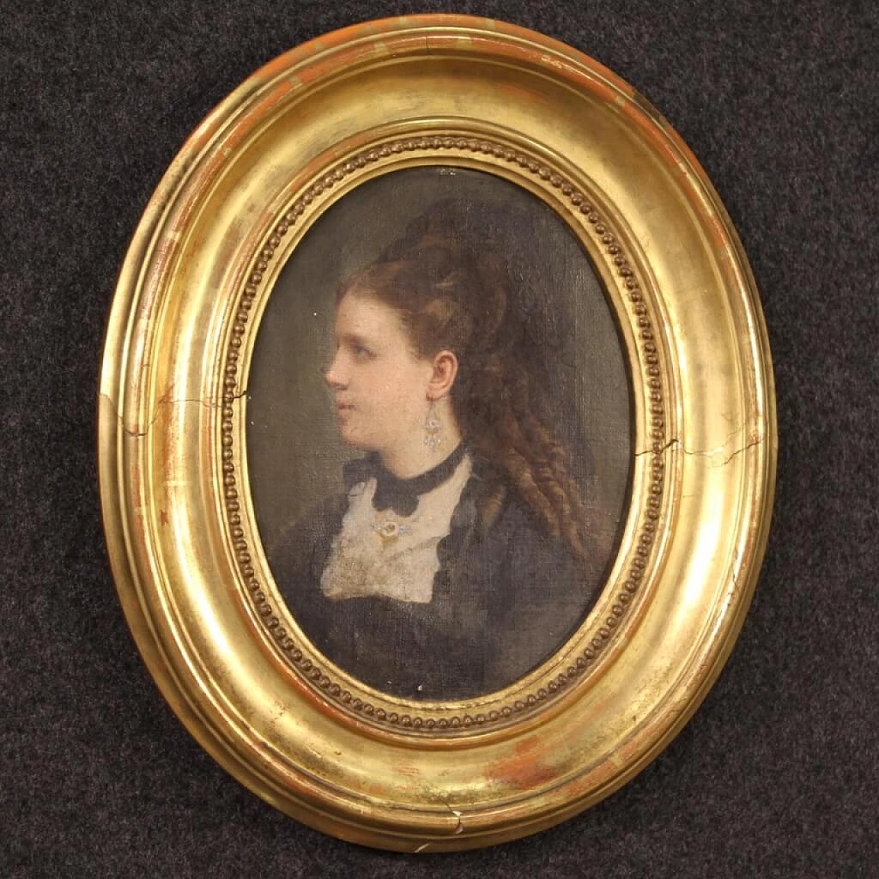 Oil on canvas of young woman with wooden frame, 19th century 6