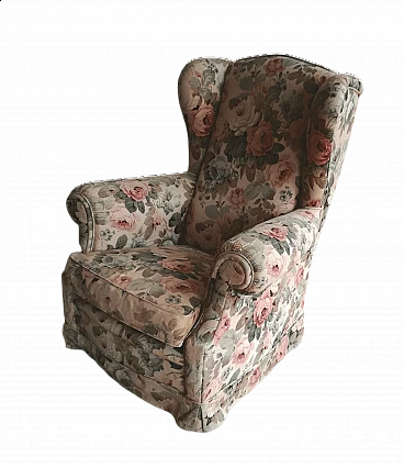 Sanderson wood and fabric bergere armchair, 1970s