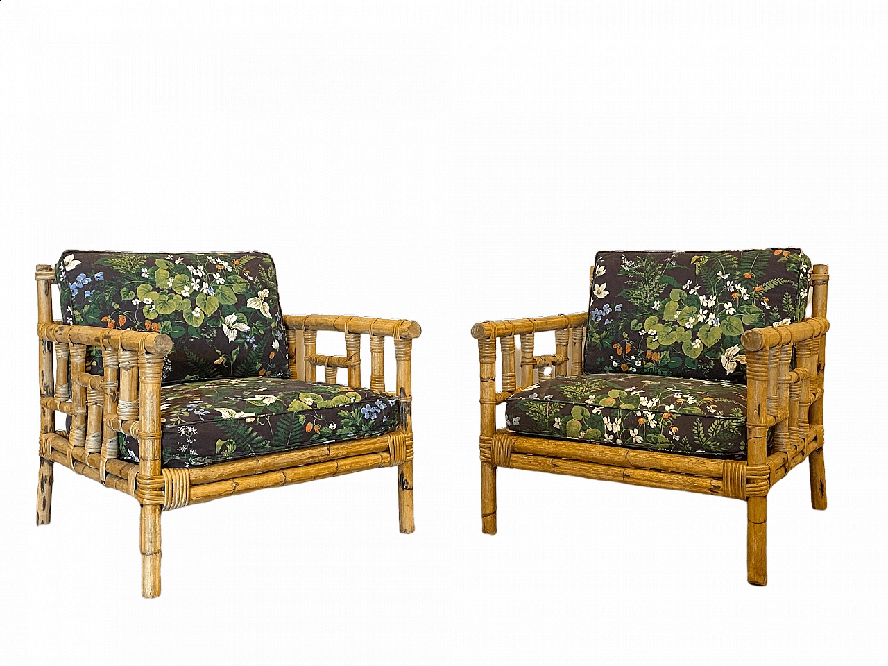 Pair of wicker and bamboo armchairs, 1970s 15