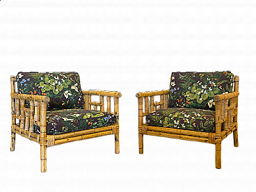 Pair of wicker and bamboo armchairs, 1970s
