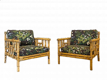 Pair of wicker and bamboo armchairs, 1970s