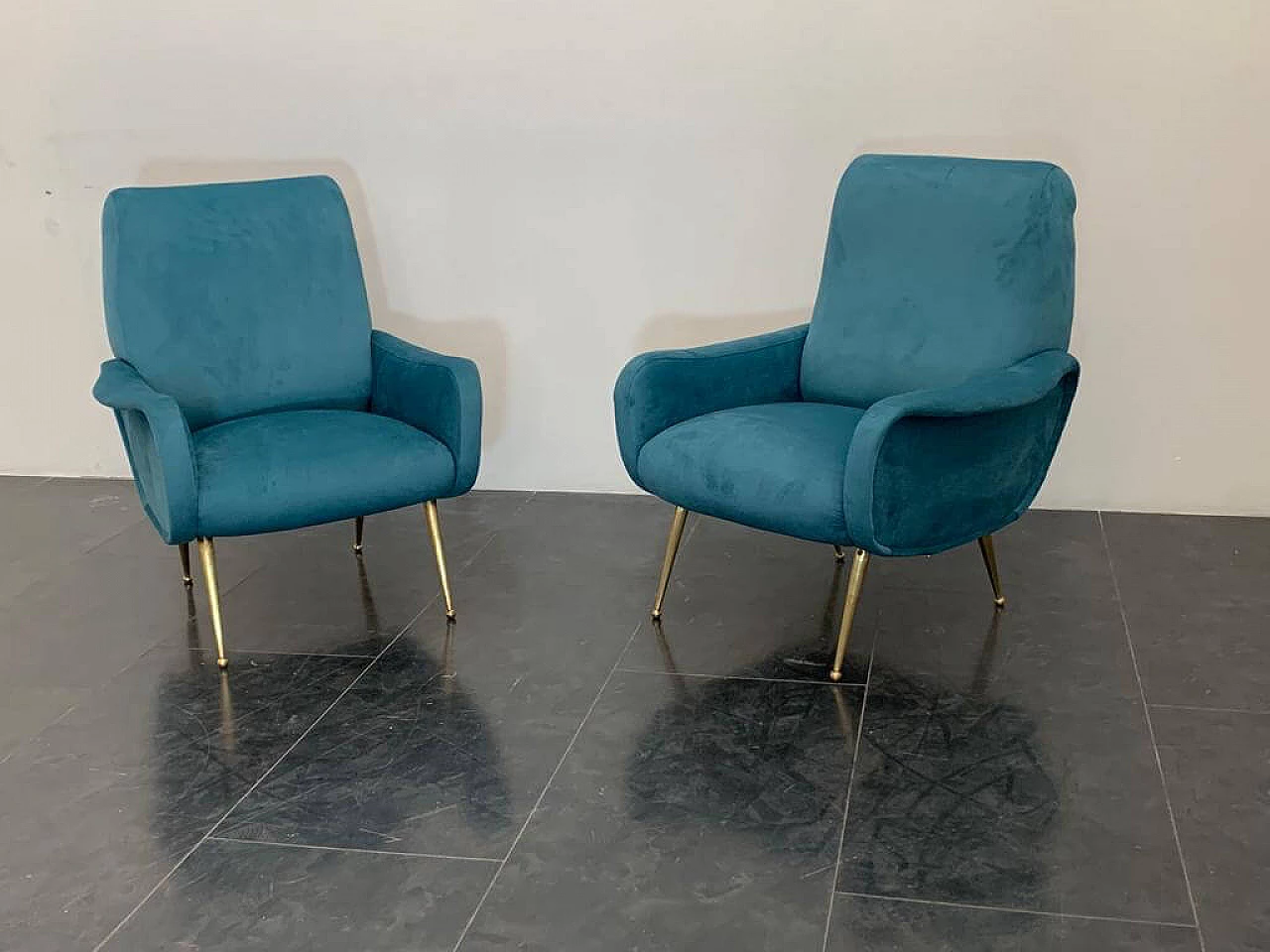Pair of blue velvet armchairs in the style of Marco Zanuso, 1950s 1