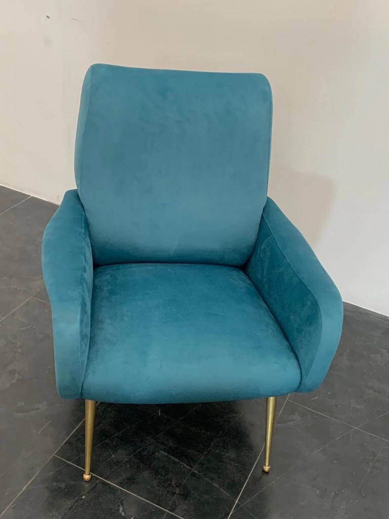 Pair of blue velvet armchairs in the style of Marco Zanuso, 1950s 4