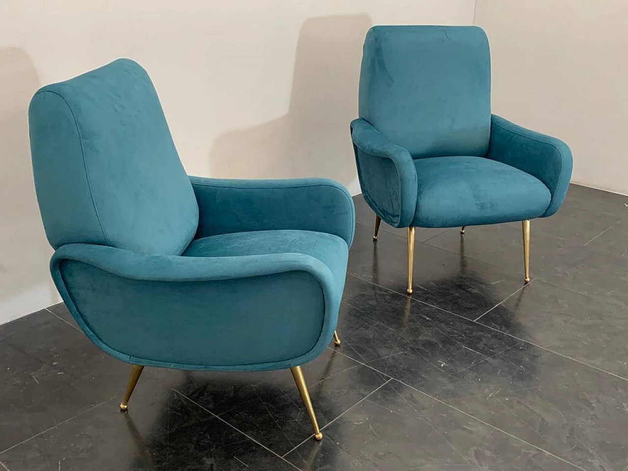 Pair of blue velvet armchairs in the style of Marco Zanuso, 1950s 7