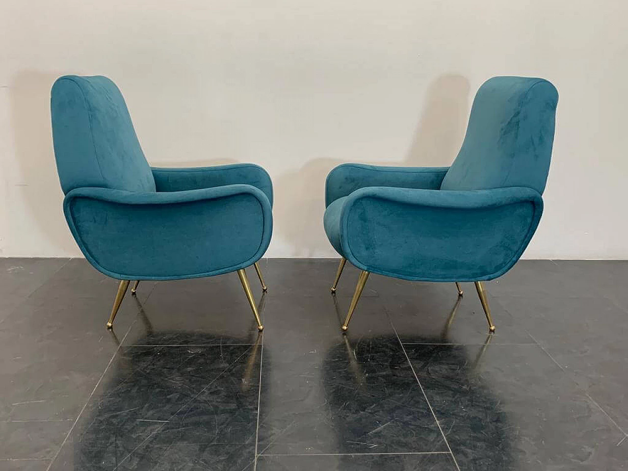 Pair of blue velvet armchairs in the style of Marco Zanuso, 1950s 8