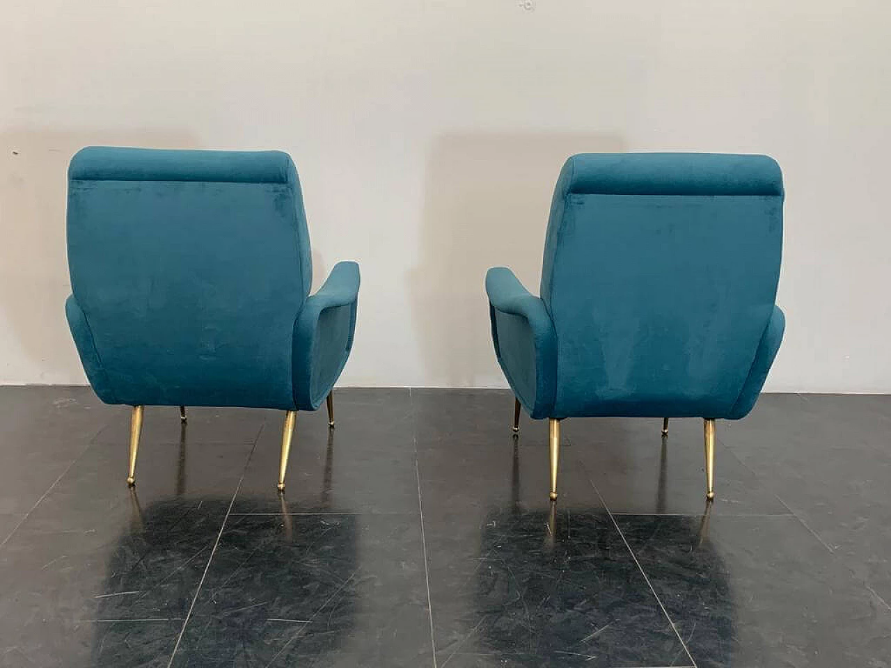 Pair of blue velvet armchairs in the style of Marco Zanuso, 1950s 9