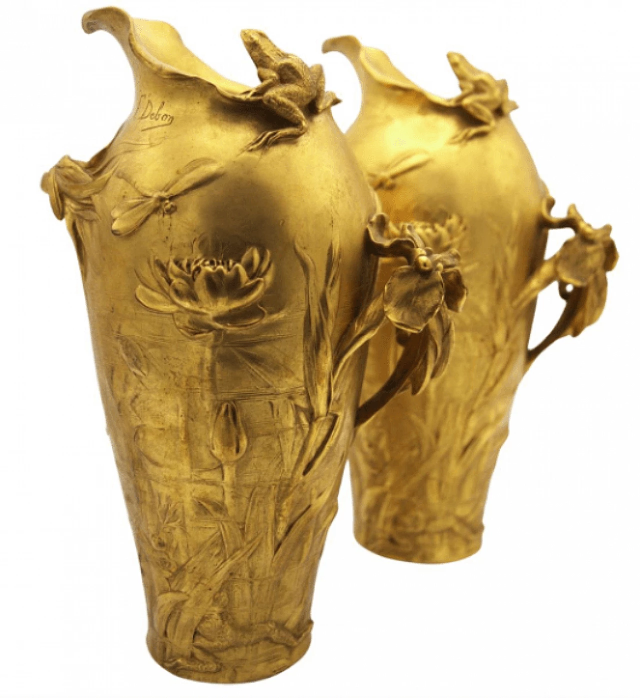 Pair of bronze vases with irises and waterlilies by Frederic Debon, 1920s 1