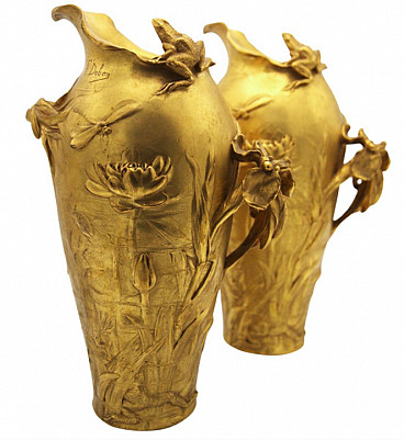 Pair of bronze vases with irises and waterlilies by Frederic Debon, 1920s