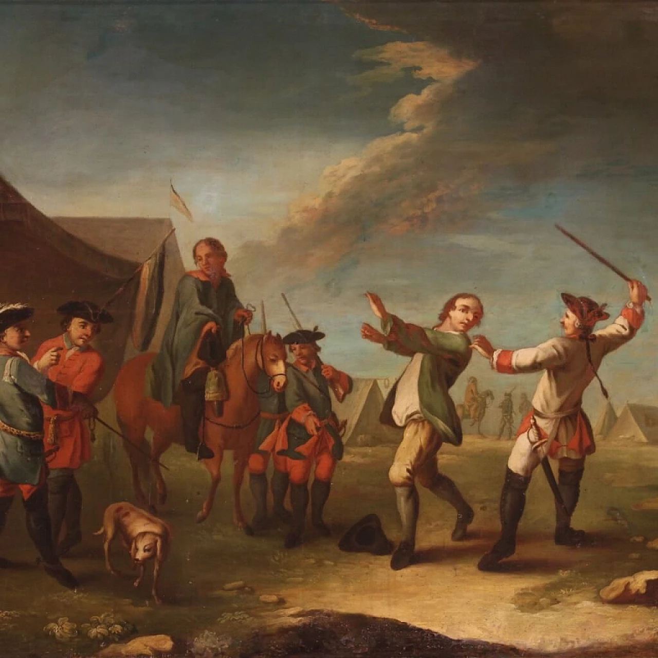 Oil on canvas depicting encampment with soldiers and horses, 19th century 1