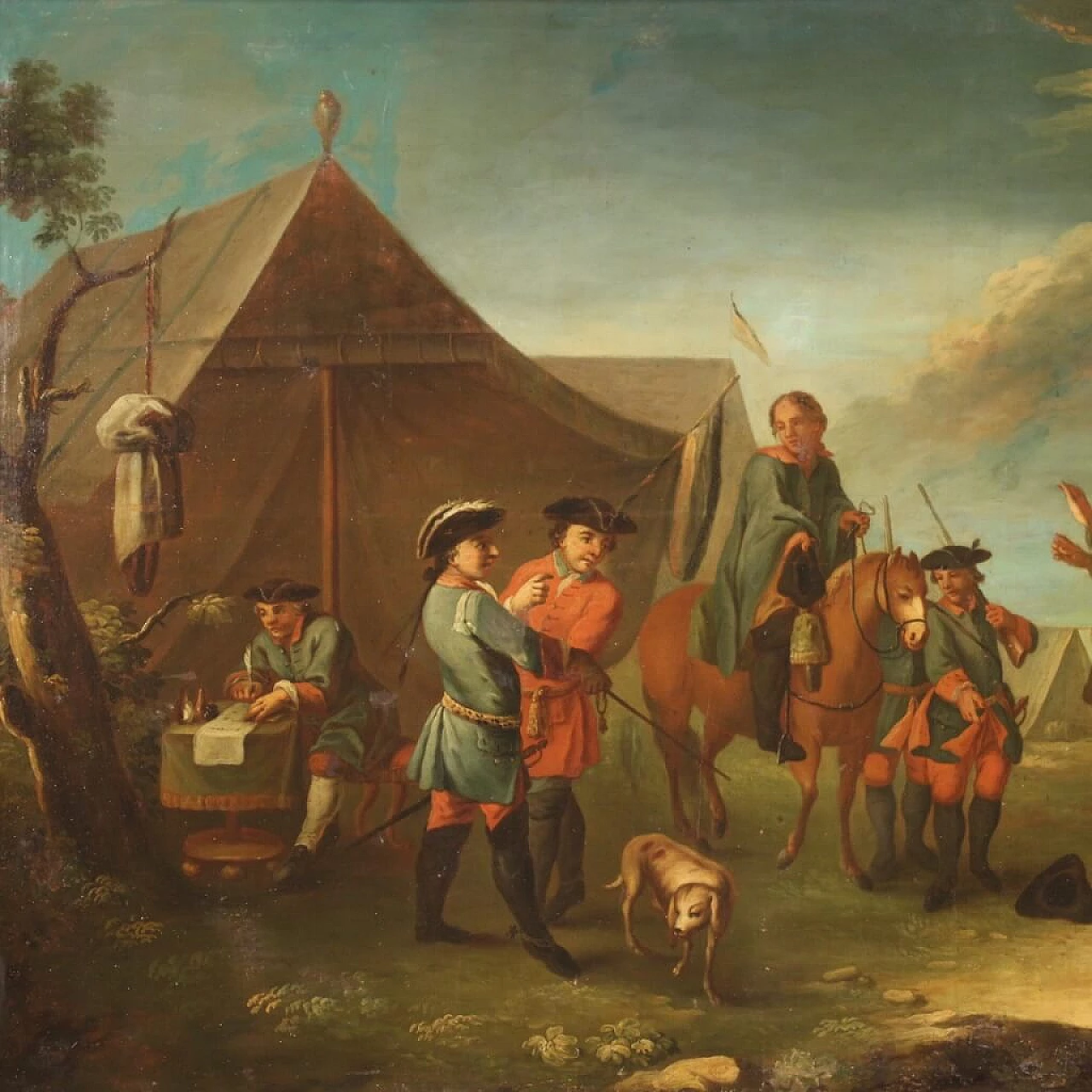 Oil on canvas depicting encampment with soldiers and horses, 19th century 3