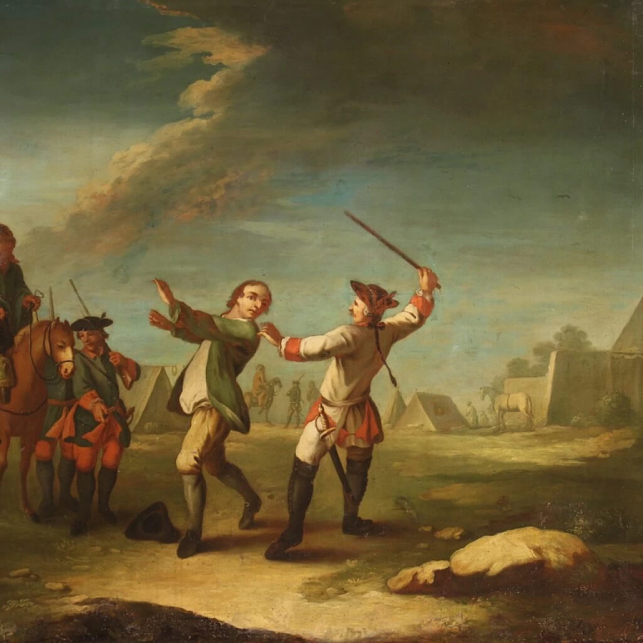 Oil on canvas depicting encampment with soldiers and horses, 19th century 4