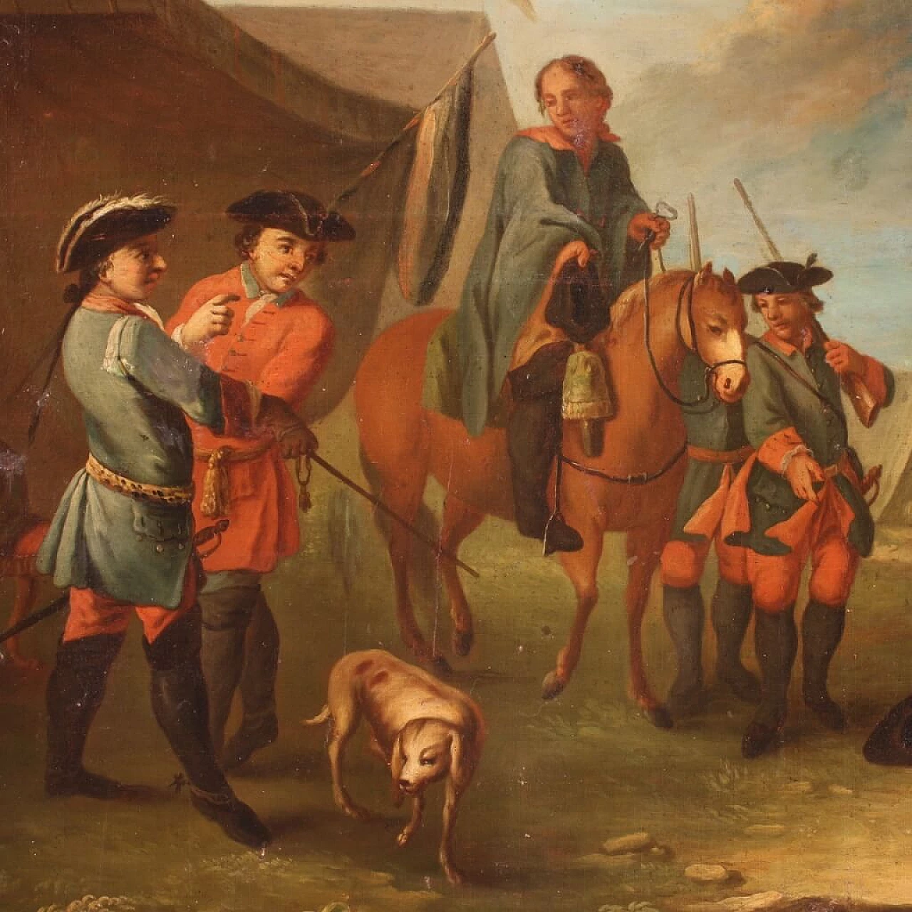 Oil on canvas depicting encampment with soldiers and horses, 19th century 7